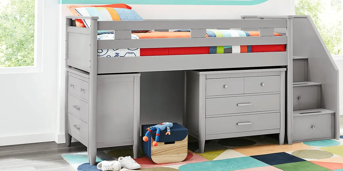 Kids Modern Colors Light Gray Full Step Loft with Loft Chests