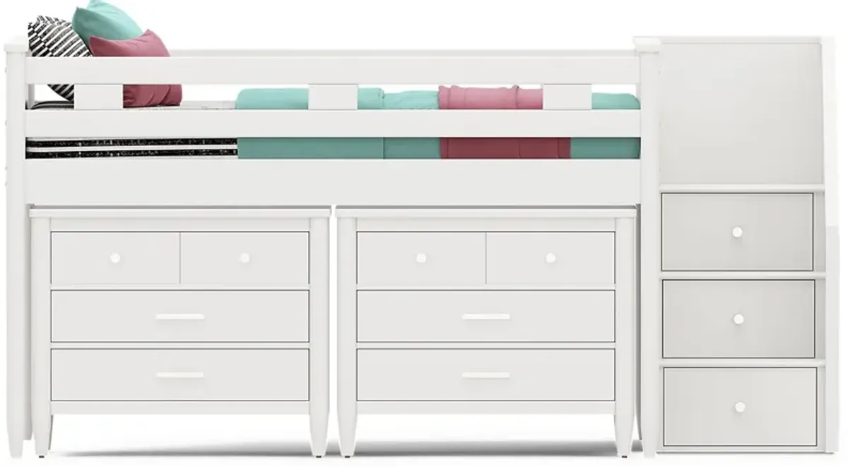 Kids Modern Colors White Full Step Loft with Loft Chests