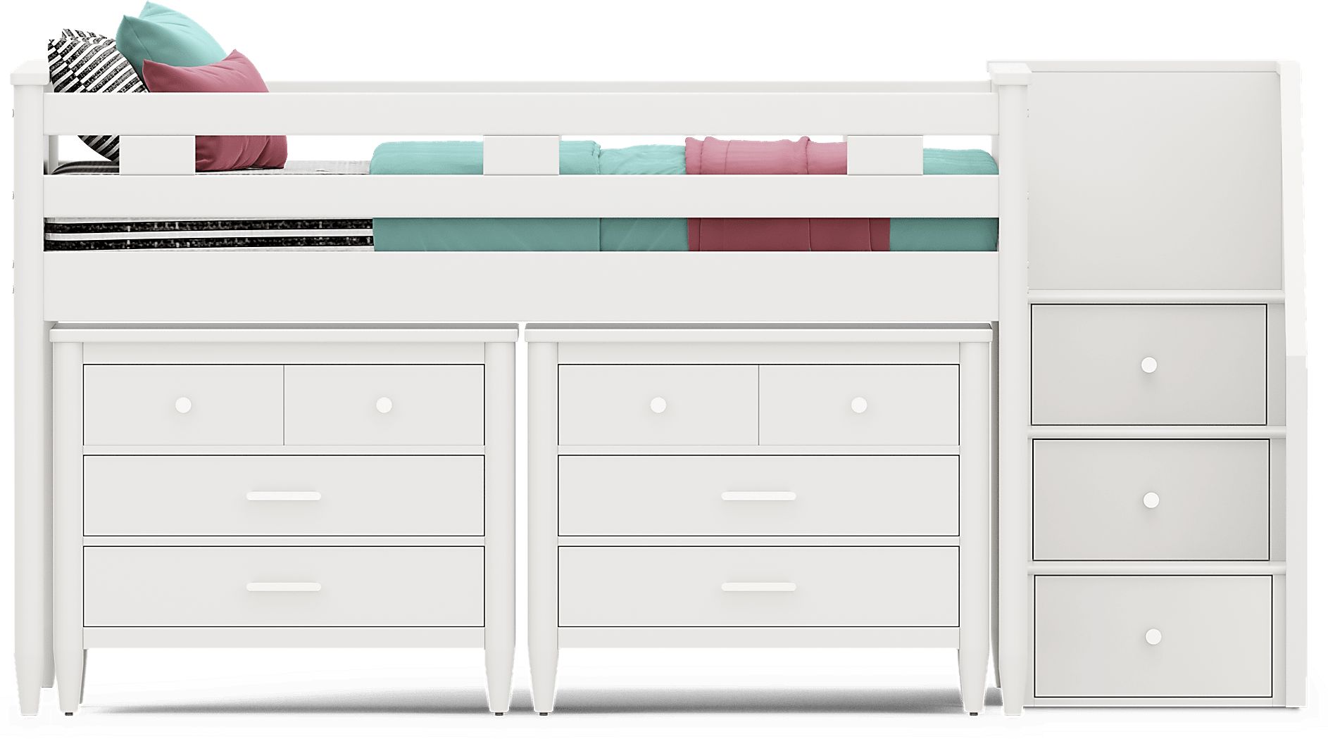 Kids Modern Colors White Full Step Loft with Loft Chests