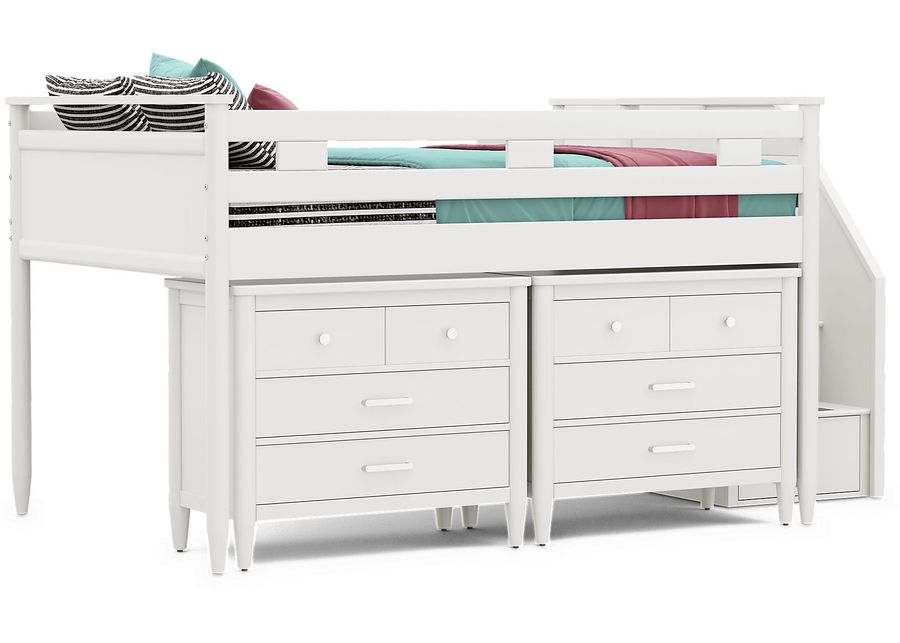 Kids Modern Colors White Full Step Loft with Loft Chests