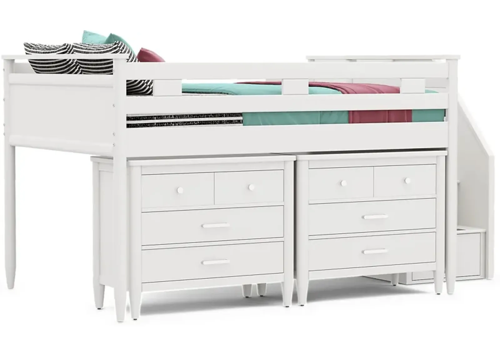 Kids Modern Colors White Full Step Loft with Loft Chests