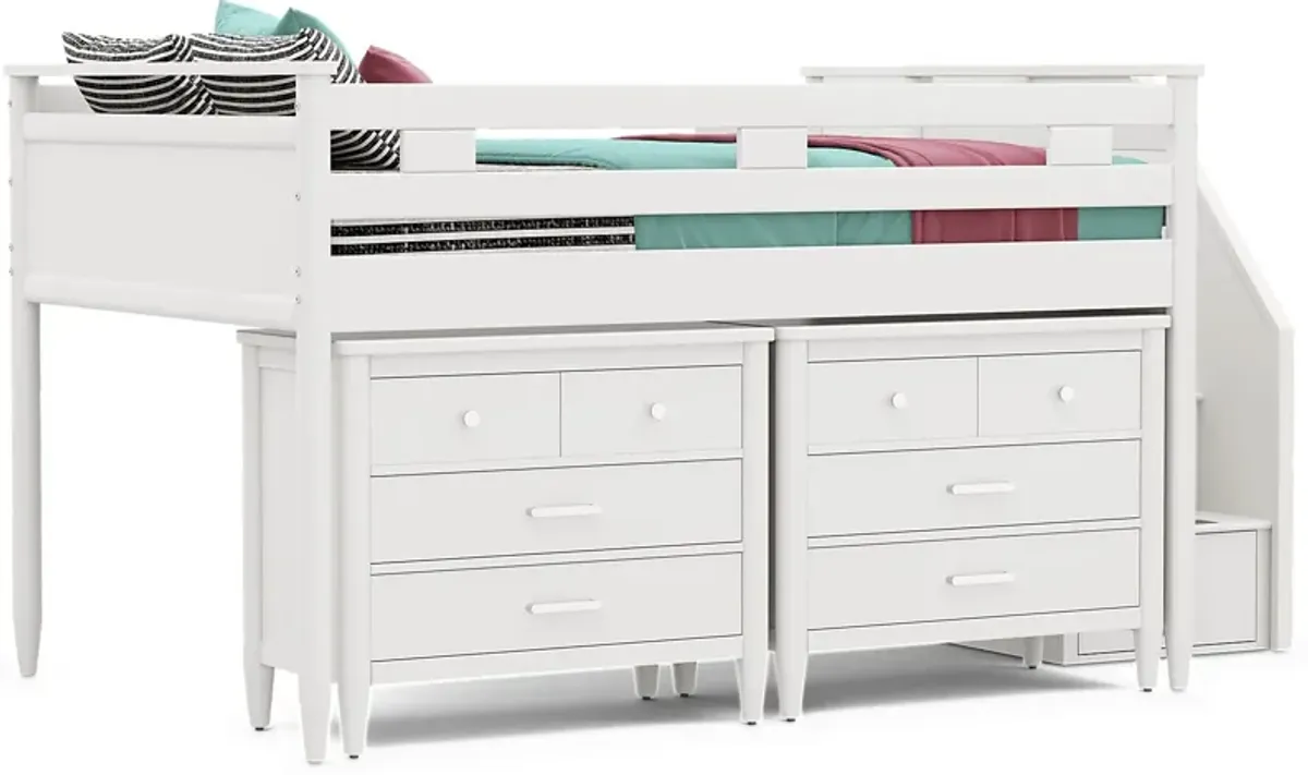 Kids Modern Colors White Full Step Loft with Loft Chests