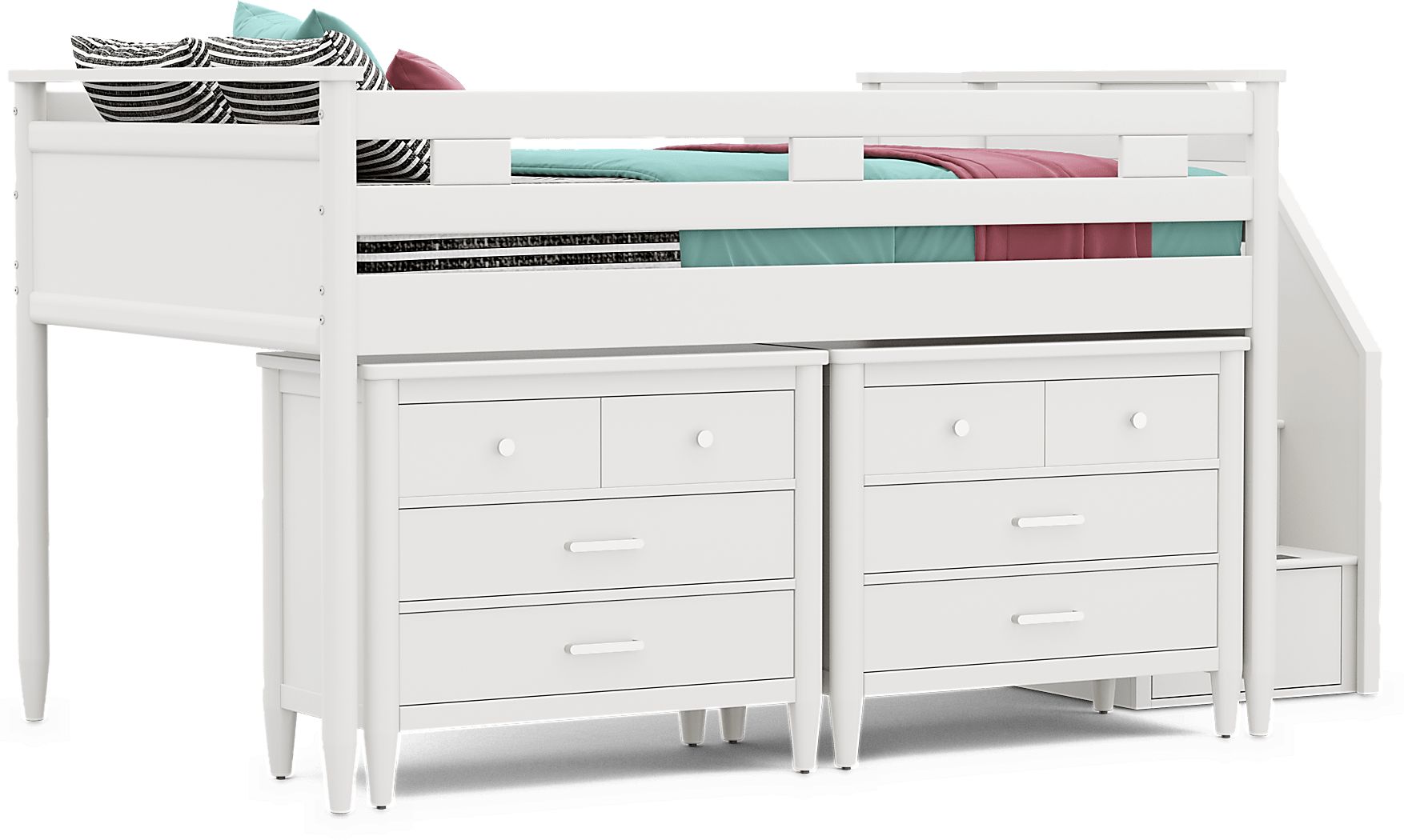 Kids Modern Colors White Full Step Loft with Loft Chests