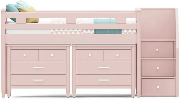 Kids Modern Colors Pink Full Step Loft with Loft Chests