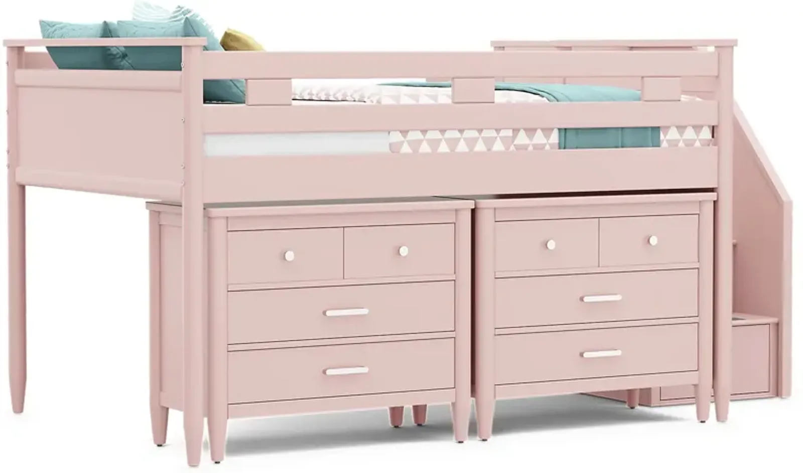 Kids Modern Colors Pink Full Step Loft with Loft Chests