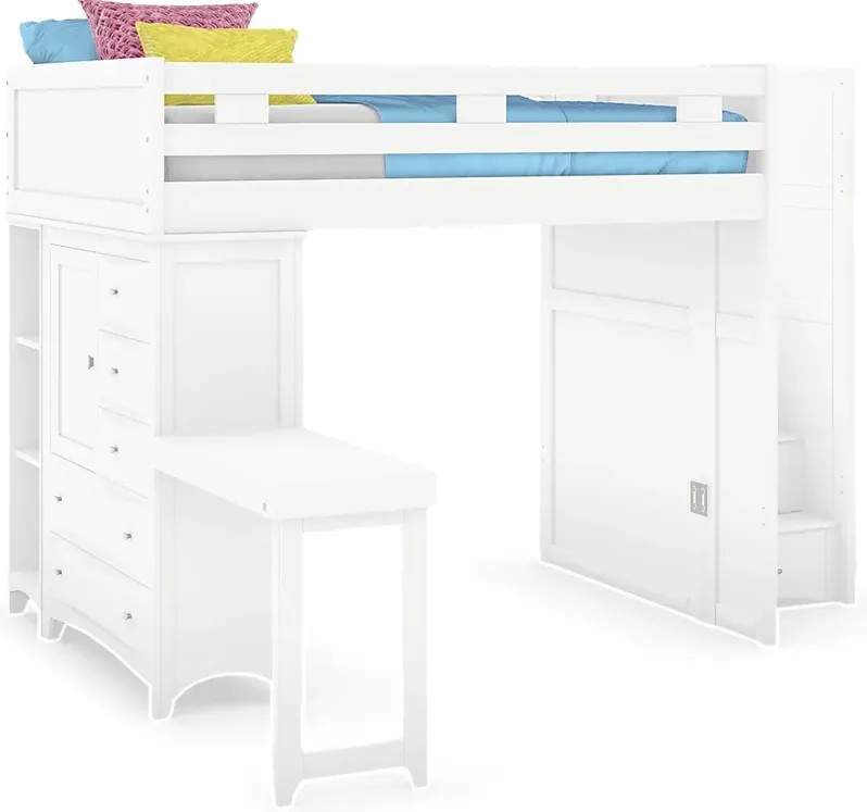 Ivy League 2.0 White Full Step Loft with Chest Bookcase with Desk Attachment