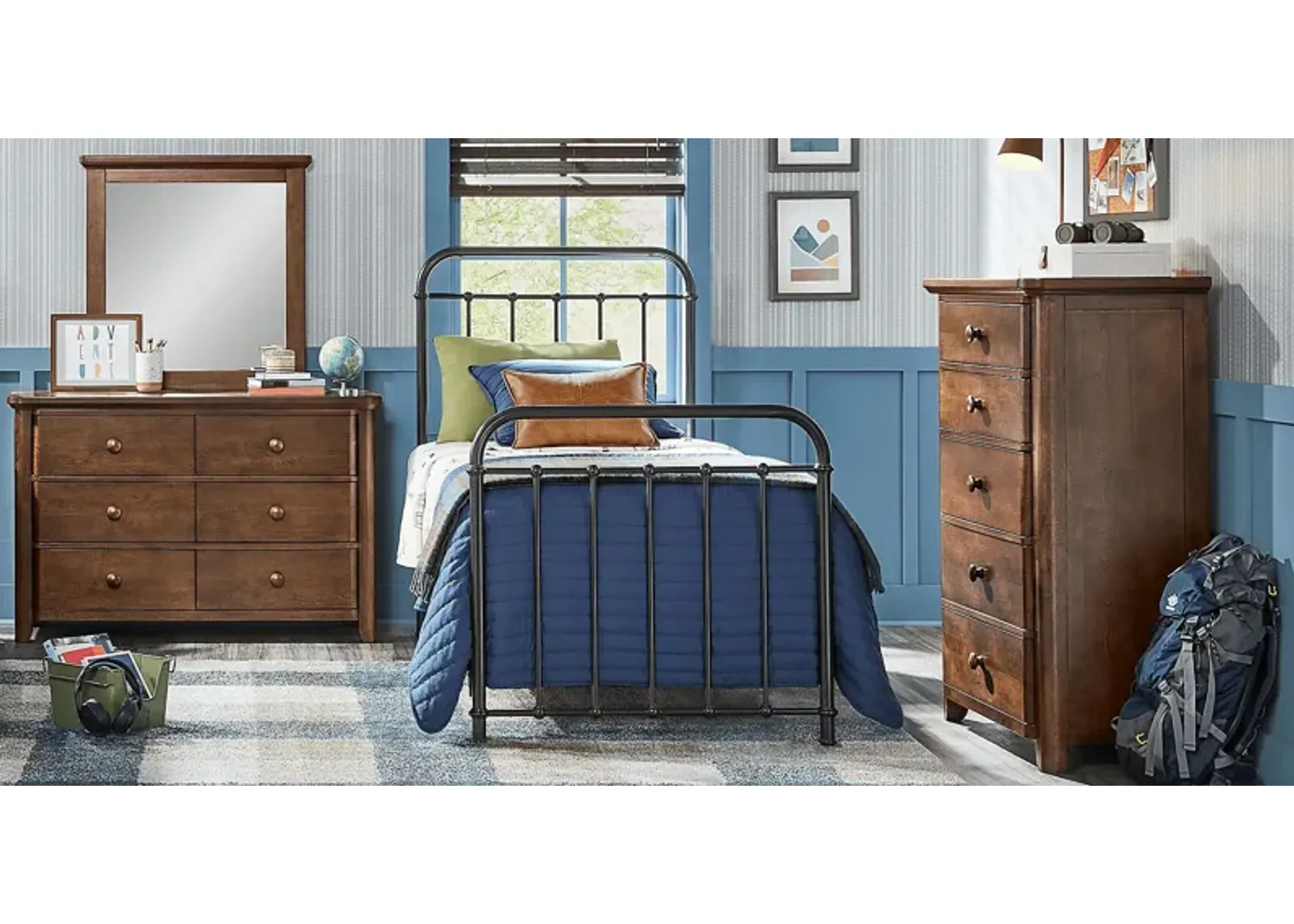 Kids South Bend Brown Cherry 5 Pc Bedroom with Saddlerock Dark Gray Twin Metal Bed