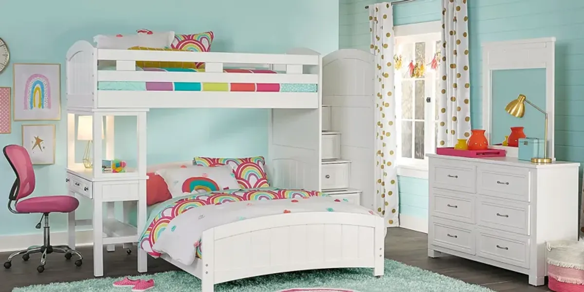 Kids Cottage Colors White Twin/Full Step Bunk Bed with Desk