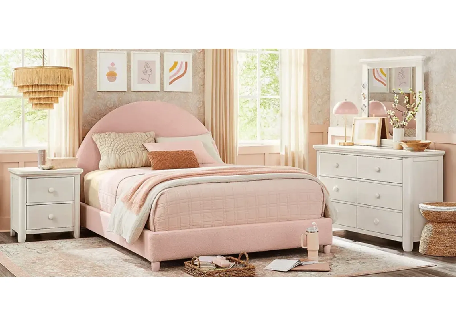 Kids South Bend Washed White 5 Pc Bedroom with Moonstone Pink Twin Upholstered Bed