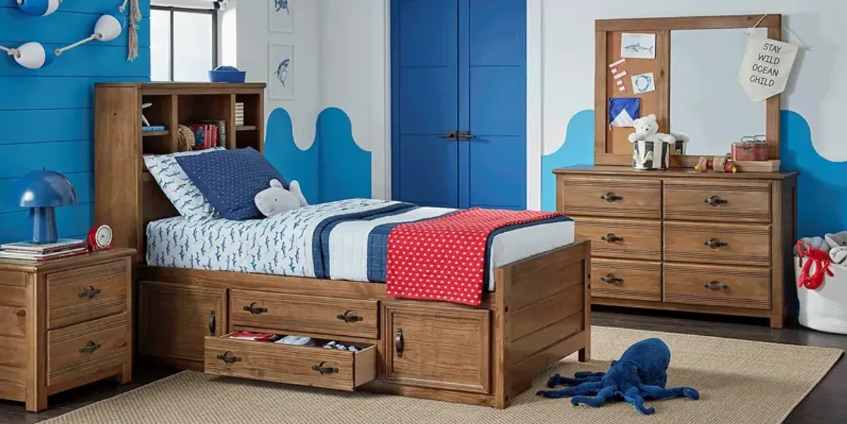 Kids Creekside 2.0 Chestnut Twin Bookcase Bedroom with 2 Storage Side Rails