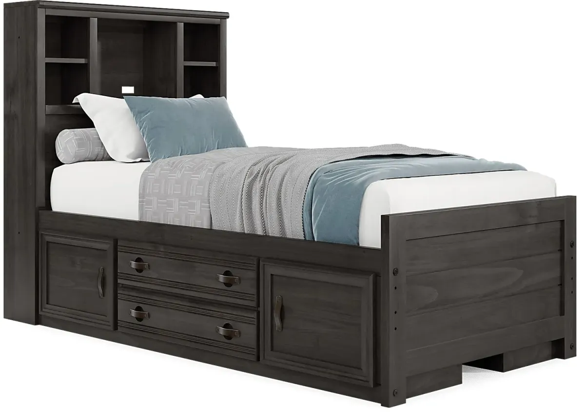 Kids Creekside 2.0 Charcoal Twin Bookcase Bedroom with 2 Storage Side Rails