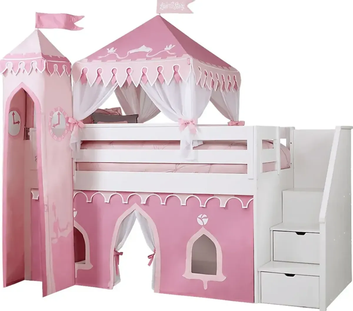 Disney Princess Fairytale White Step Loft Bed with Activity Panel and Tower