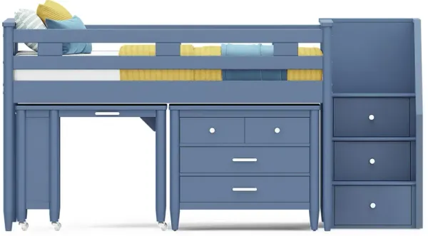 Kids Modern Colors Slate Blue Full Step Loft with Loft Chest and Desk