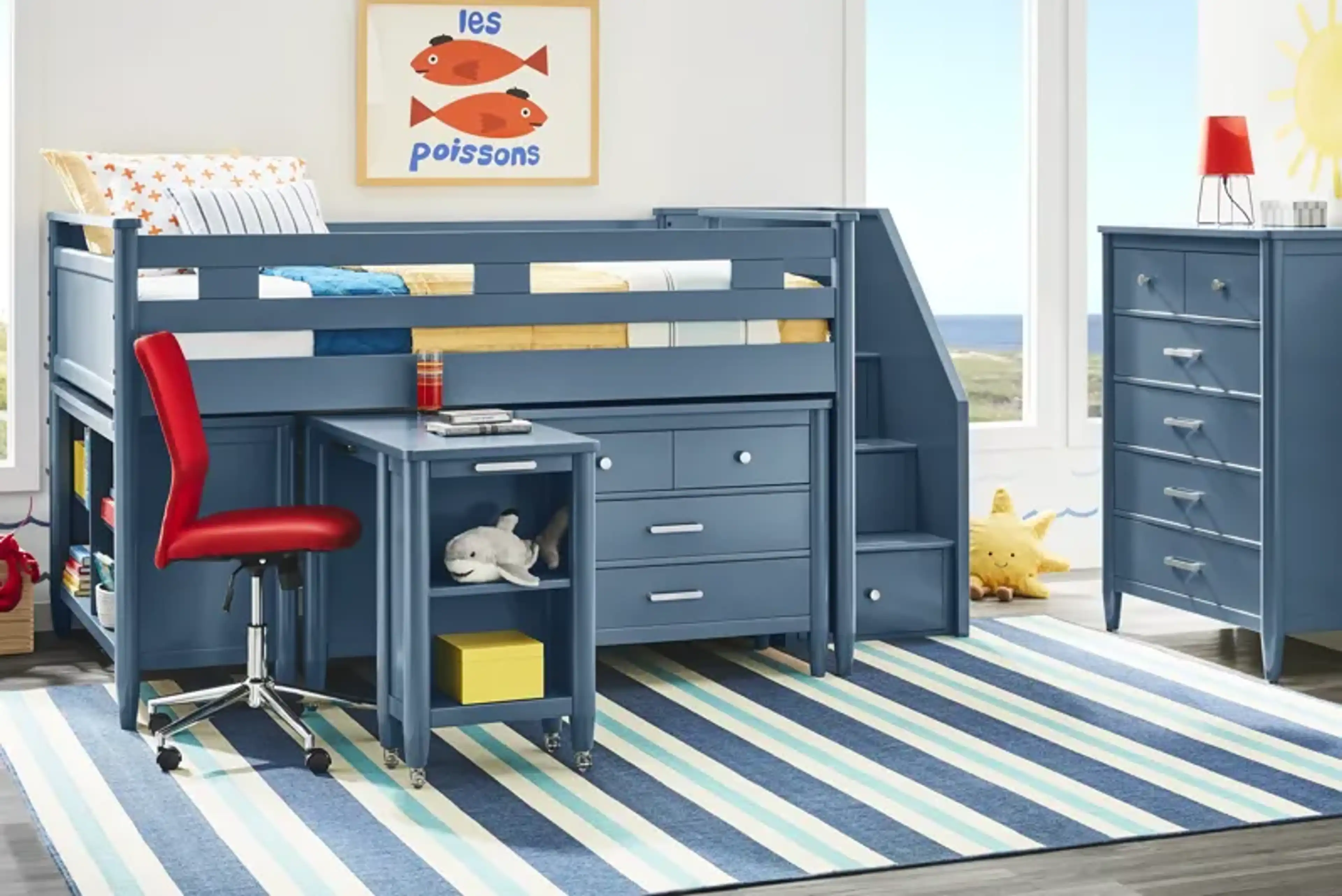 Kids Modern Colors Slate Blue Full Step Loft With Loft Chest And Desk ...
