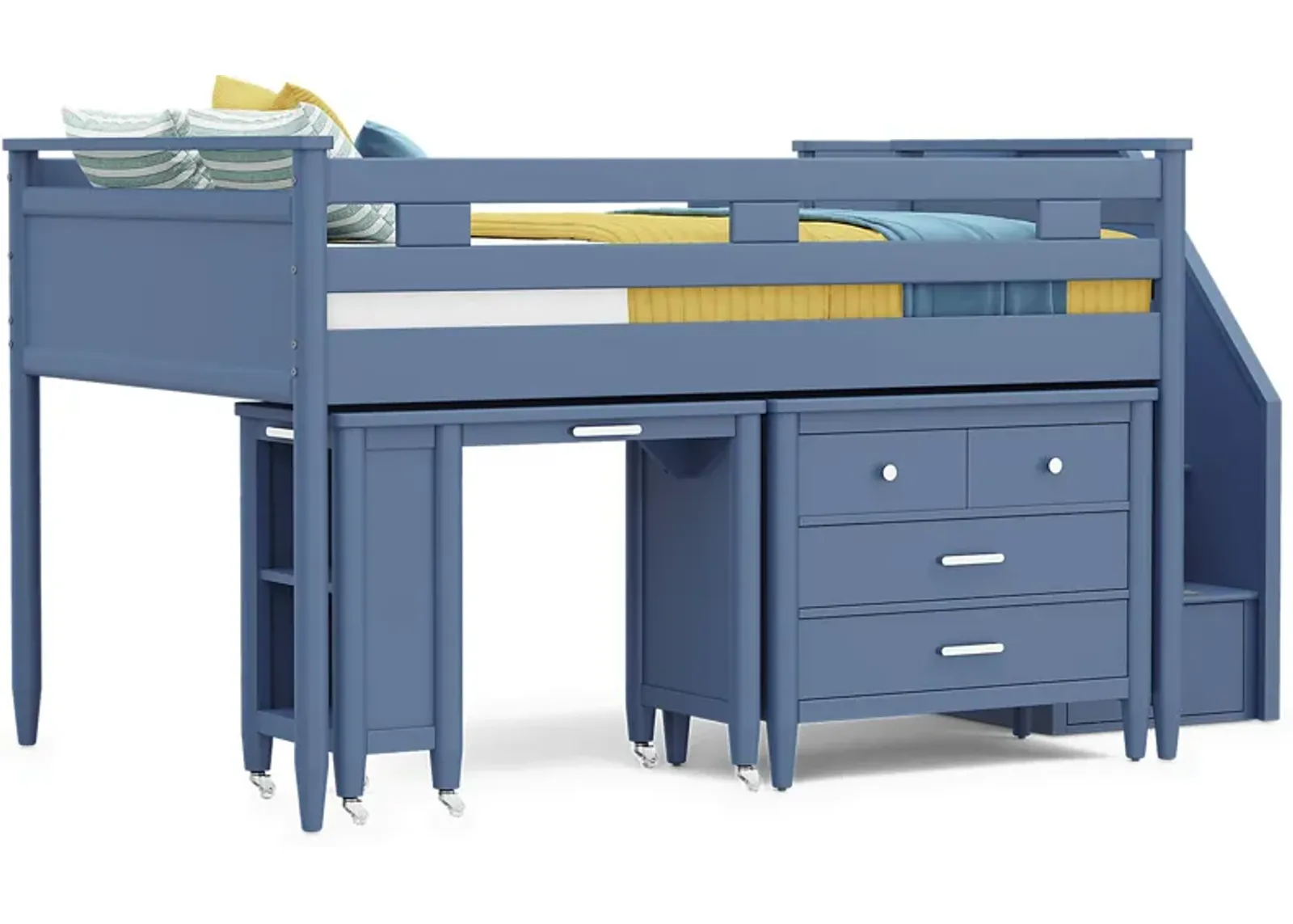 Kids Modern Colors Slate Blue Full Step Loft with Loft Chest and Desk