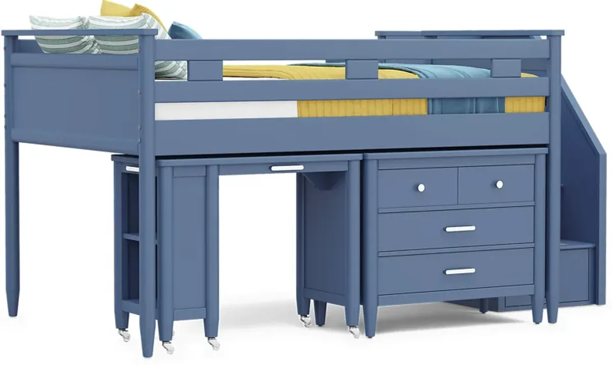 Kids Modern Colors Slate Blue Full Step Loft with Loft Chest and Desk