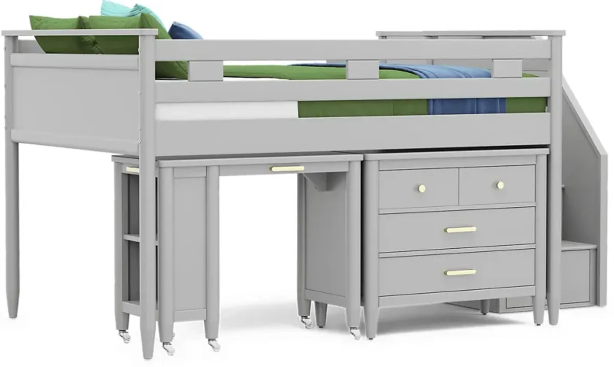 Kids Modern Colors Light Gray Full Step Loft with Loft Chest and Desk