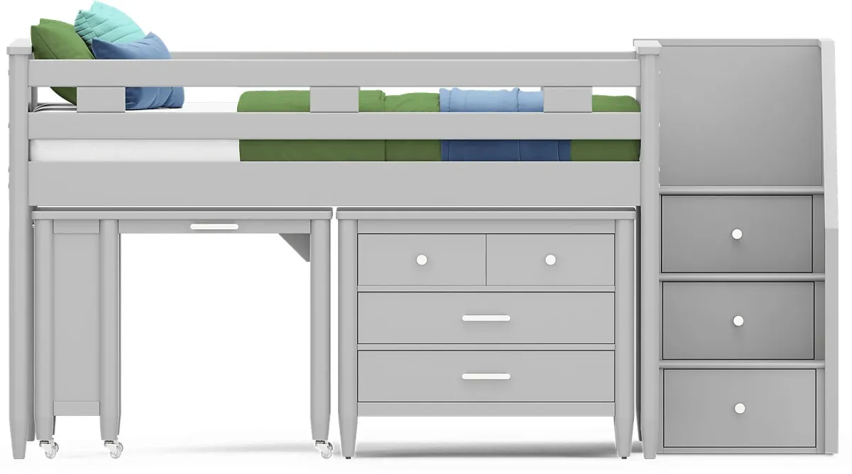 Kids Modern Colors Light Gray Full Step Loft with Loft Chest and Desk