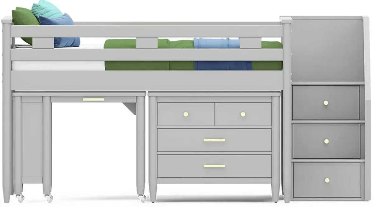 Kids Modern Colors Light Gray Full Step Loft with Loft Chest and Desk