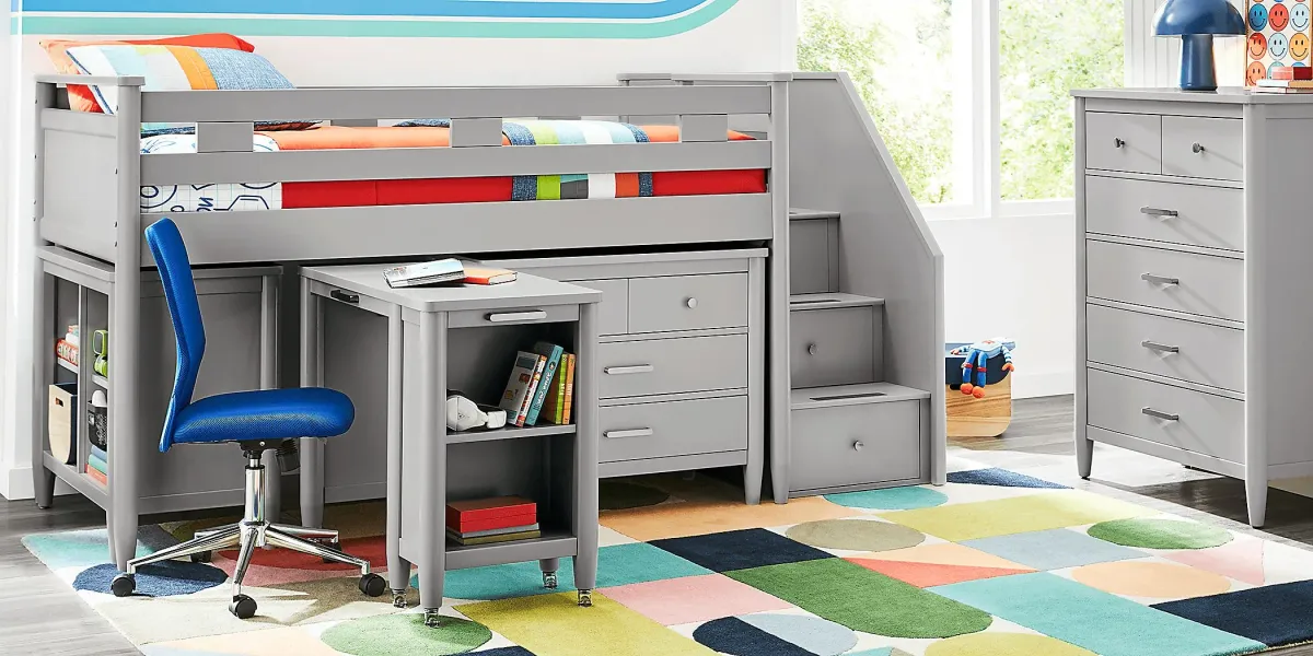 Kids Modern Colors Light Gray Full Step Loft with Loft Chest and Desk