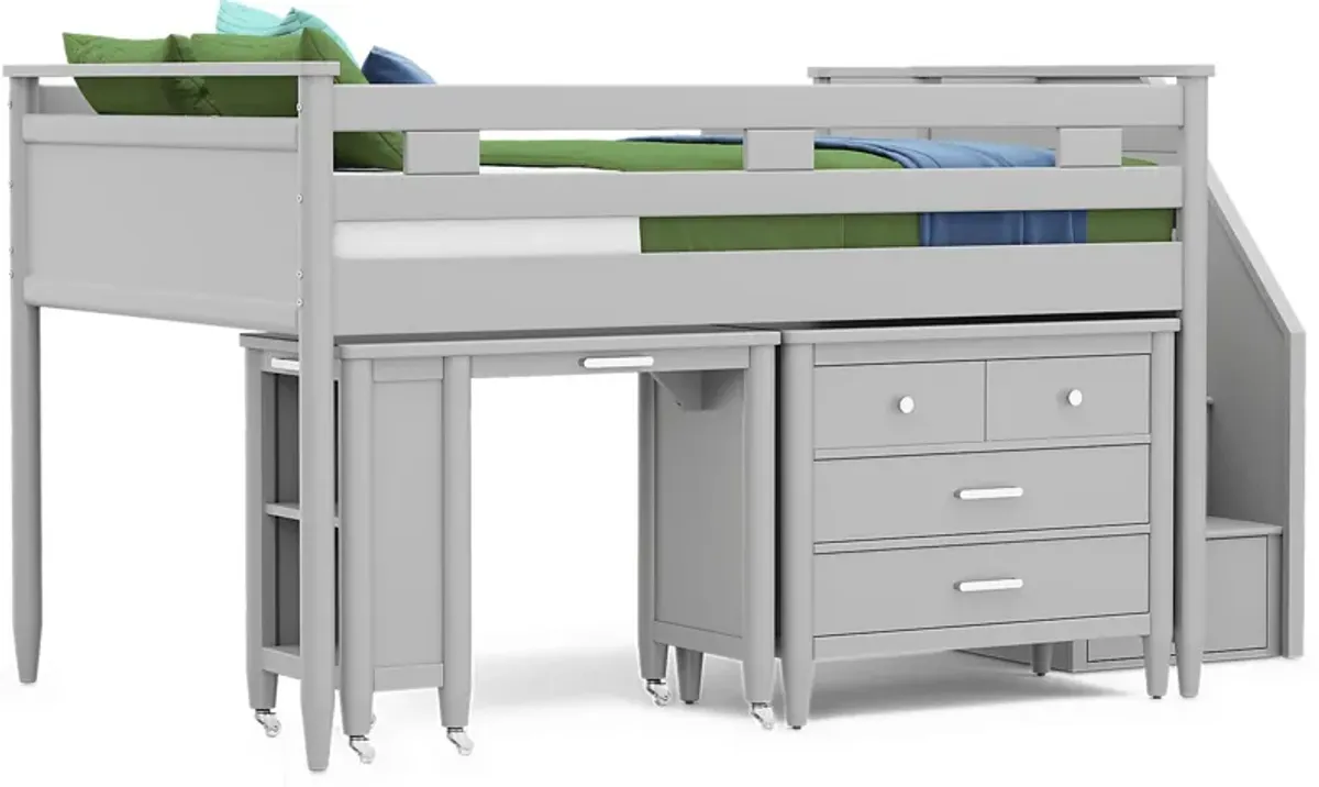 Kids Modern Colors Light Gray Full Step Loft with Loft Chest and Desk