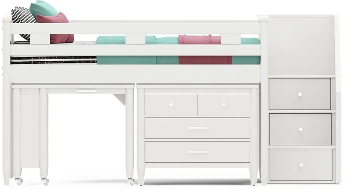 Kids Modern Colors White Full Step Loft with Loft Chest and Desk