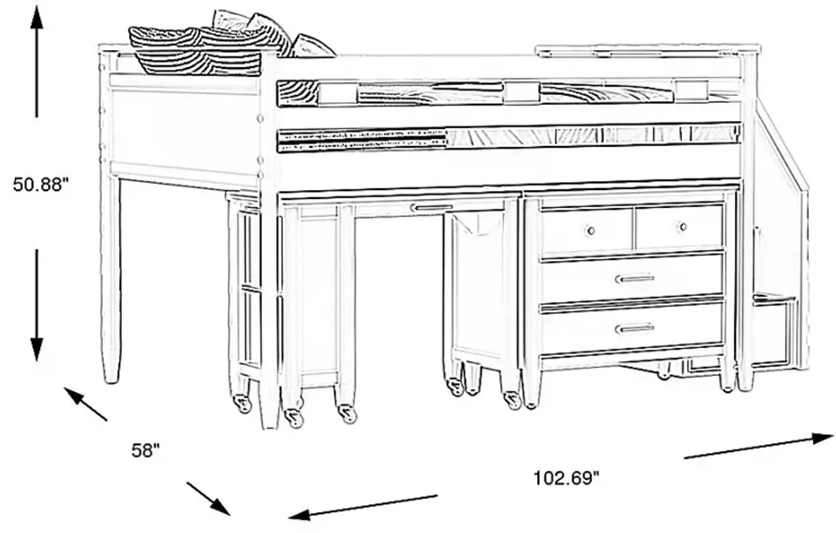 Kids Modern Colors White Full Step Loft with Loft Chest and Desk