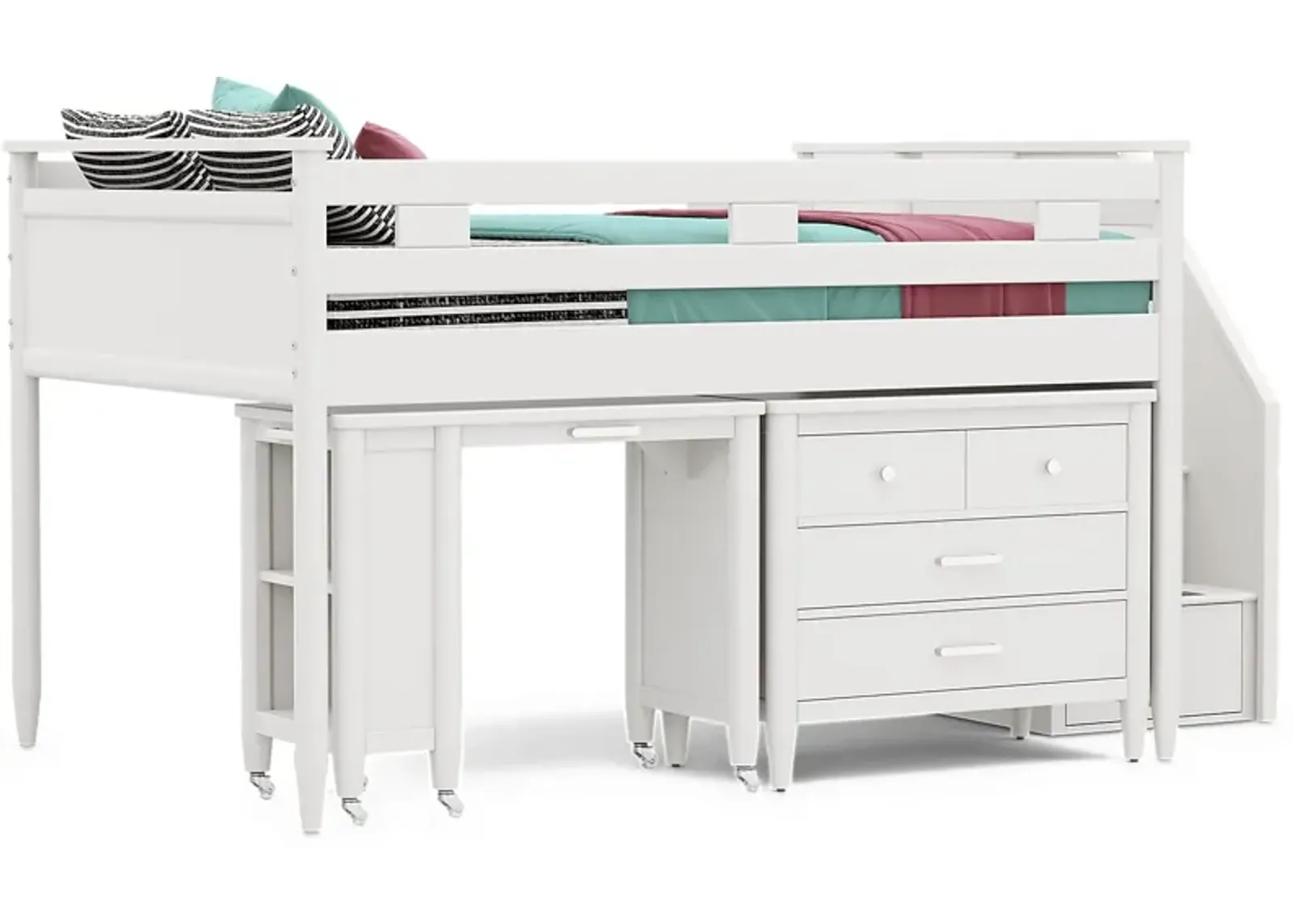 Kids Modern Colors White Full Step Loft with Loft Chest and Desk