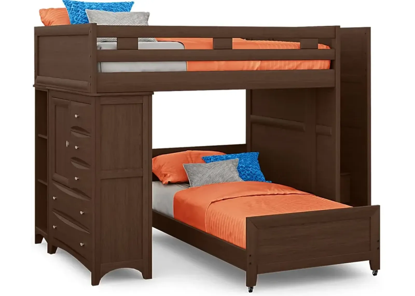 Ivy League 2.0 Walnut Full/Twin Step Bunk with Chest and Bookcase