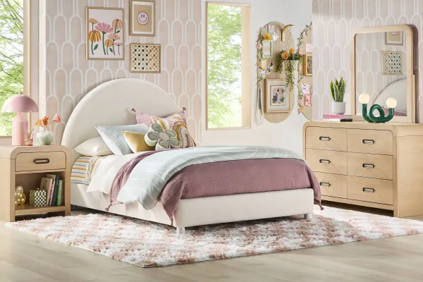 Kids Hidden Hills Light Oak Bedroom with Moonstone Natural Full Upholstered Bed