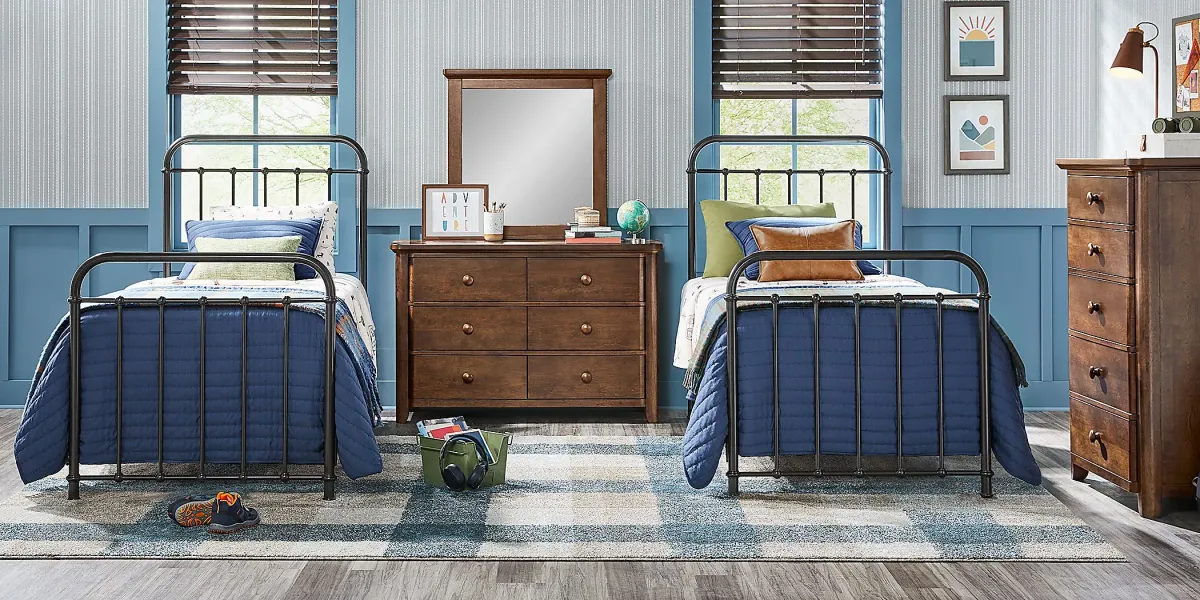 Kids South Bend Brown Cherry 8 Pc Bedroom with 2 Saddlerock Dark Gray Twin Metal Beds