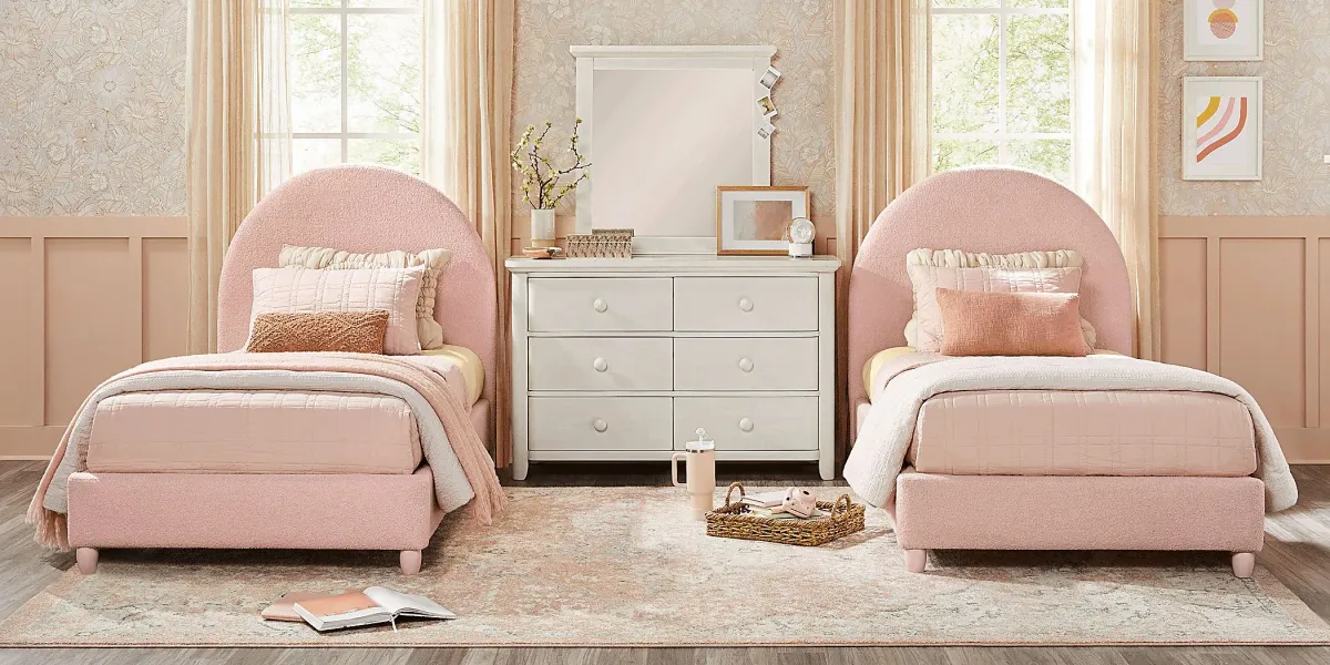 Kids South Bend Washed White Bedroom with 2 Pink Twin Moonstone Beds