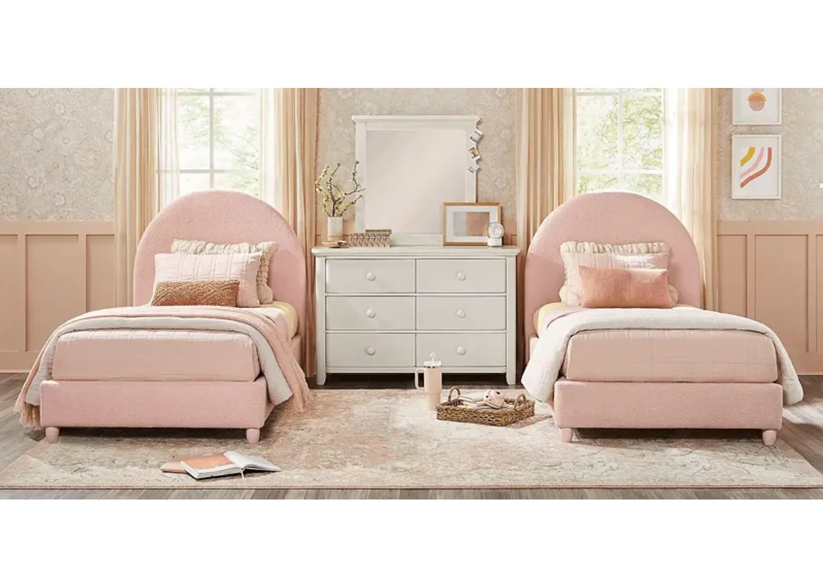 Kids South Bend Washed White 8 Pc Bedroom with 2 Pink Twin Moonstone Beds