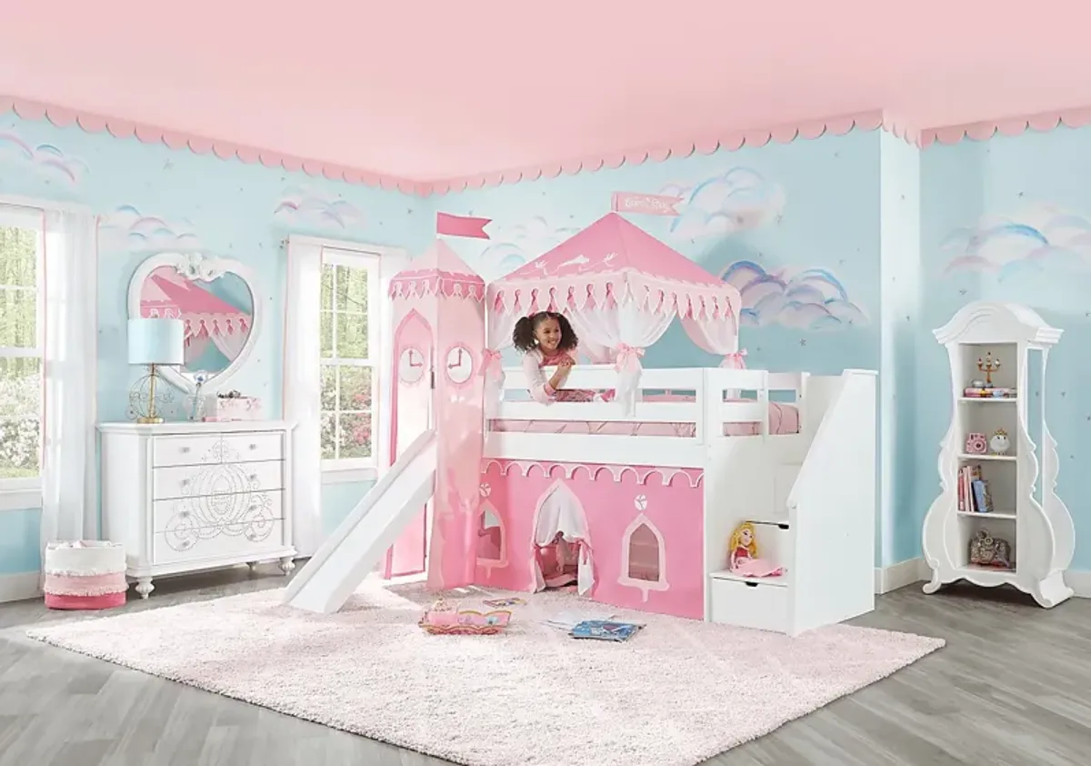 Disney Princess Fairytale White Twin Step Loft Bed with Slide and Tower