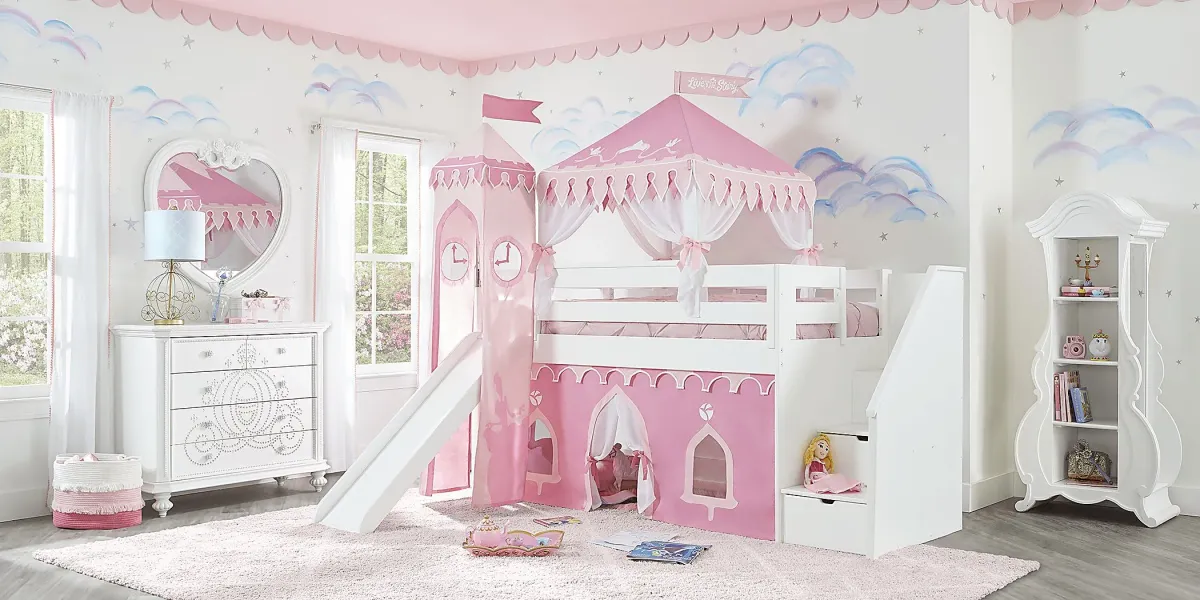 Disney Princess Fairytale White Twin Step Loft Bed with Slide and Tower