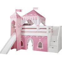 Disney Princess Fairytale White Twin Step Loft Bed with Slide and Tower