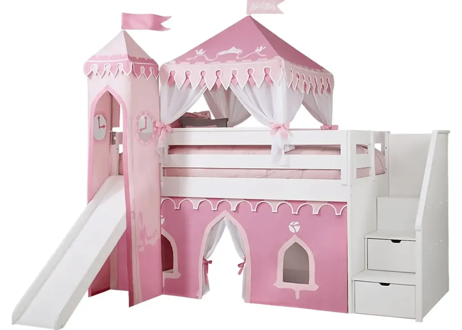 Disney Princess Fairytale White Twin Step Loft Bed with Slide and Tower