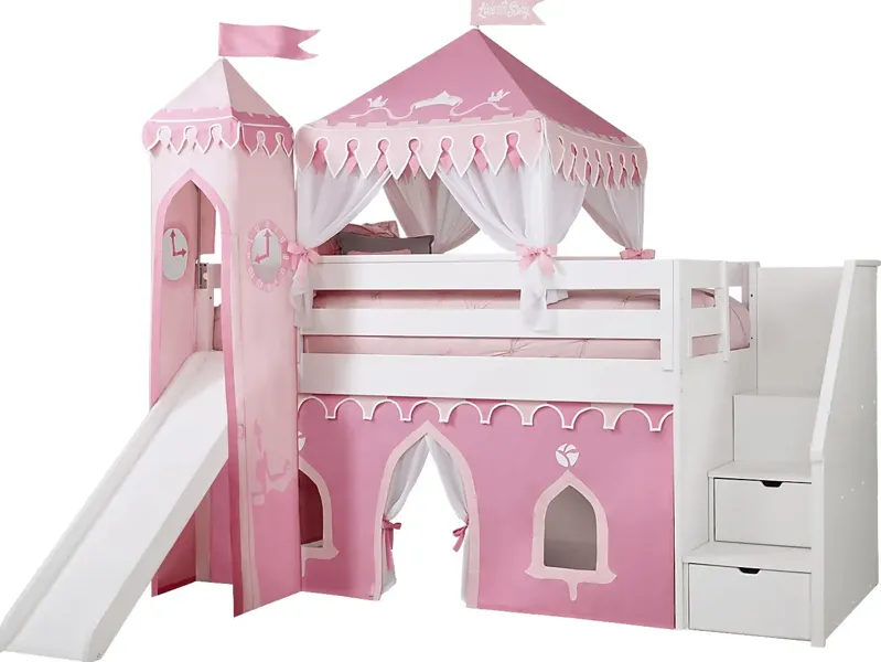 Disney Princess Fairytale White Twin Step Loft Bed with Slide and Tower