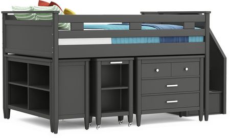 Kids Modern Colors Iron Ore Full Step Loft with Loft Chest, Bookcase and Desk