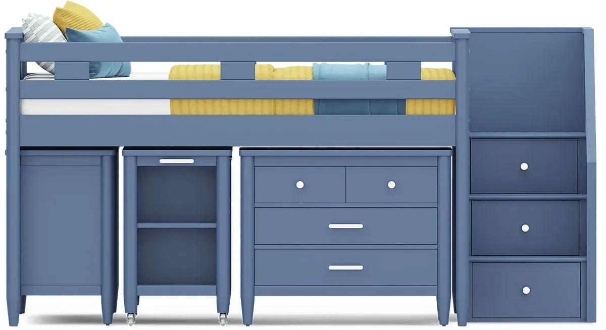 Kids Modern Colors Slate Blue Full Step Loft with Loft Chest, Bookcase and Desk