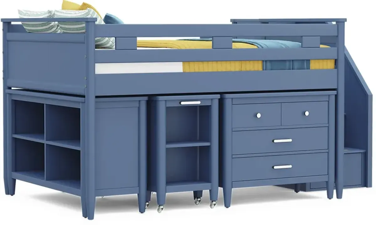 Kids Modern Colors Slate Blue Full Step Loft with Loft Chest, Bookcase and Desk