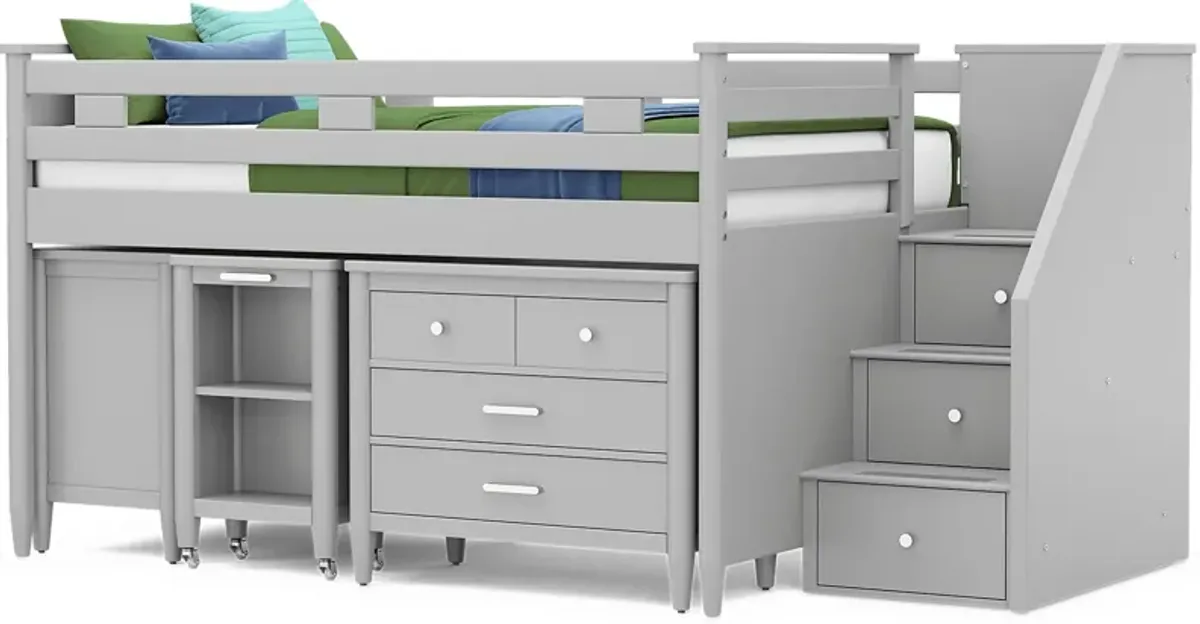 Kids Modern Colors Light Gray Full Step Loft with Loft Chest, Bookcase and Desk