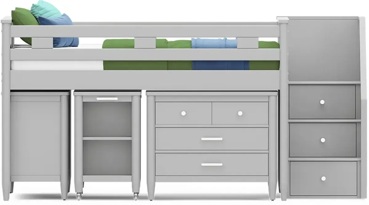 Kids Modern Colors Light Gray Full Step Loft with Loft Chest, Bookcase and Desk