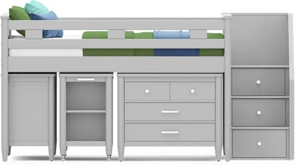 Kids Modern Colors Light Gray Full Step Loft with Loft Chest, Bookcase and Desk