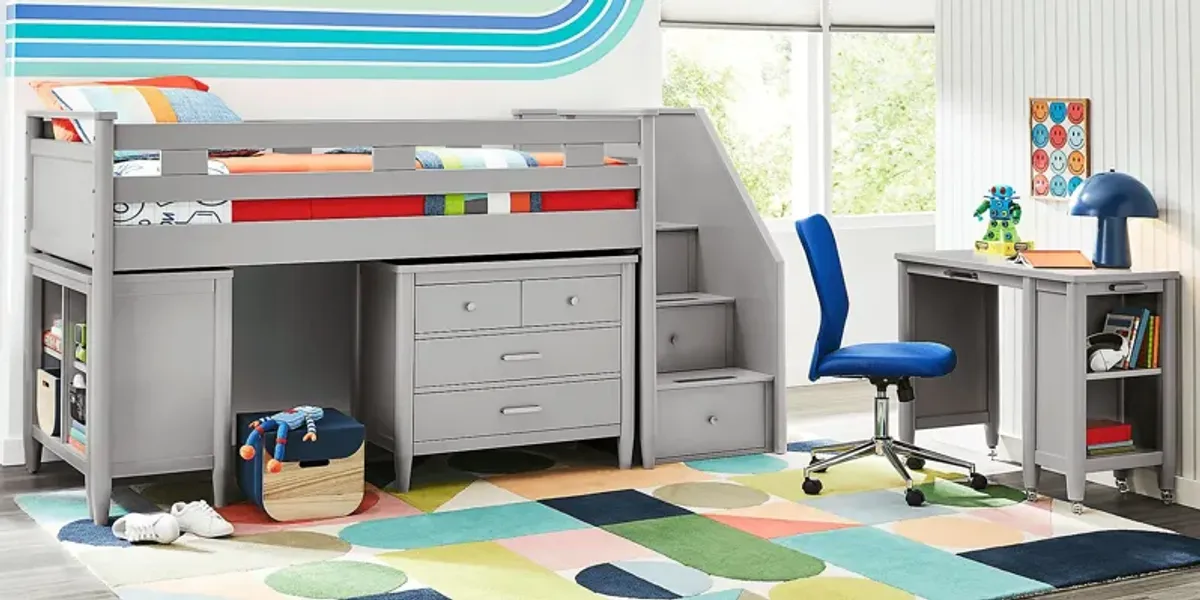 Kids Modern Colors Light Gray Full Step Loft with Loft Chest, Bookcase and Desk