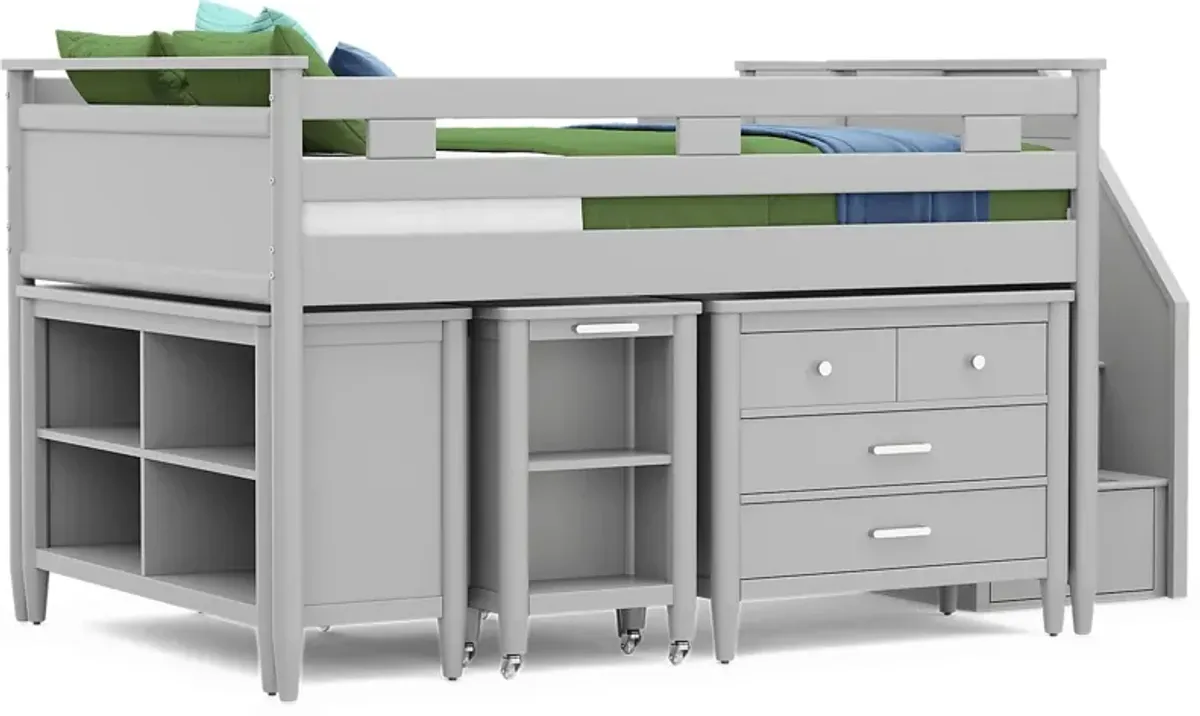 Kids Modern Colors Light Gray Full Step Loft with Loft Chest, Bookcase and Desk