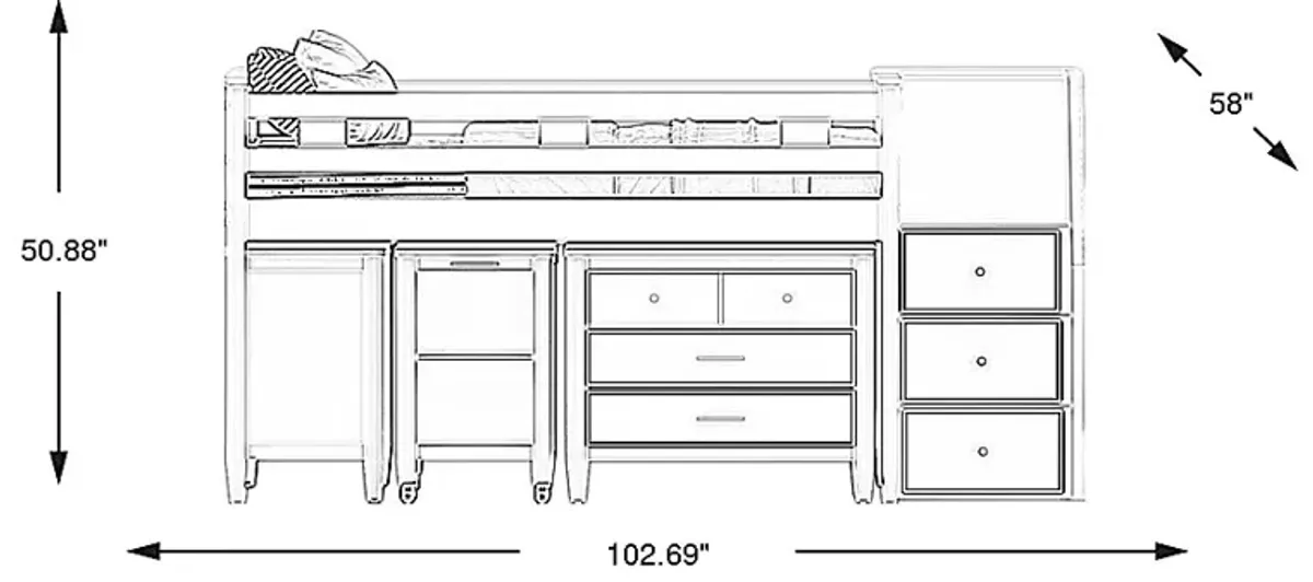 Kids Modern Colors White Full Step Loft with Loft Chest, Bookcase and Desk