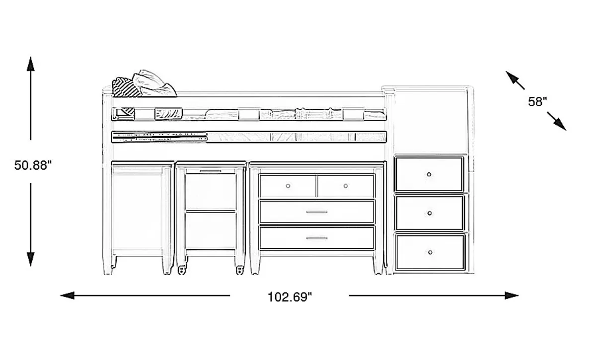 Kids Modern Colors White Full Step Loft with Loft Chest, Bookcase and Desk