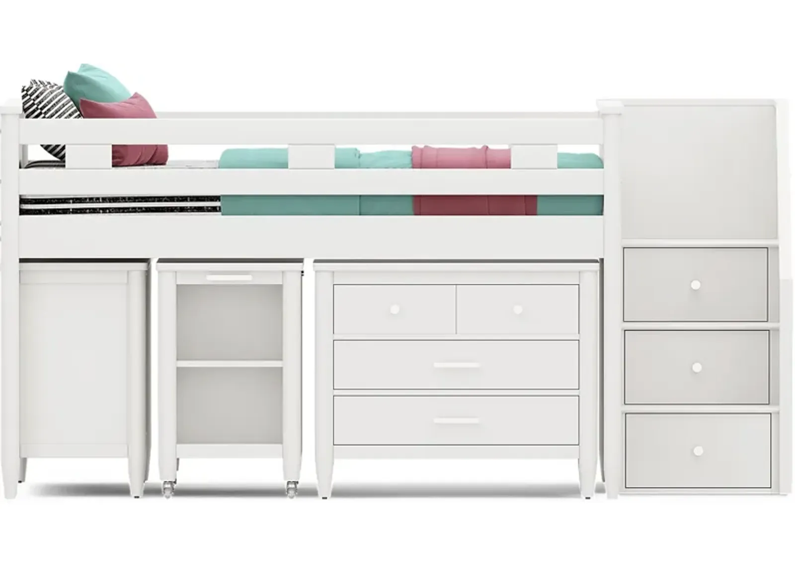 Kids Modern Colors White Full Step Loft with Loft Chest, Bookcase and Desk