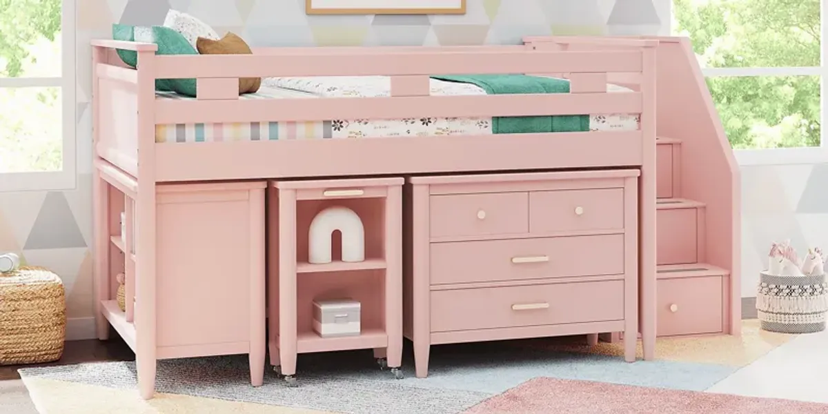 Kids Modern Colors Pink Full Step Loft with Loft Chest, Bookcase and Desk